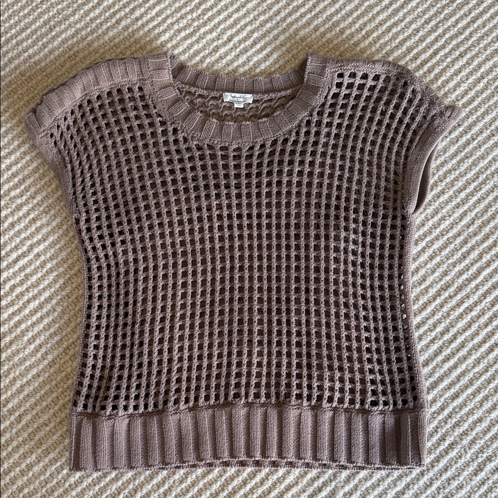 Splendid Open-Knit Short Sleeve Sweater Vest - Brown/Taupe